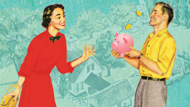 Illustration of happy couple, with husband holding a piggy bank and wife holding her purse