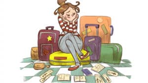 Illustration of a tired, disappointed woman sitting on a pile of luggage