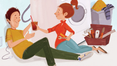 Illustration of wife handing her husband a drink as he takes a break from working on fixing their wash machine