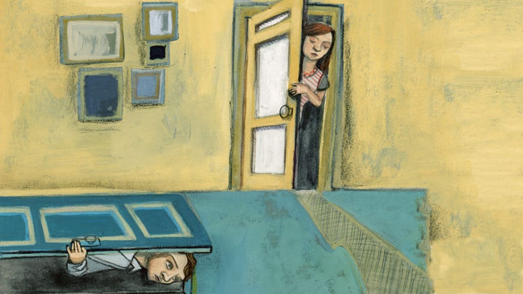 Illustration of a man and a woman each looking through a door they've opened