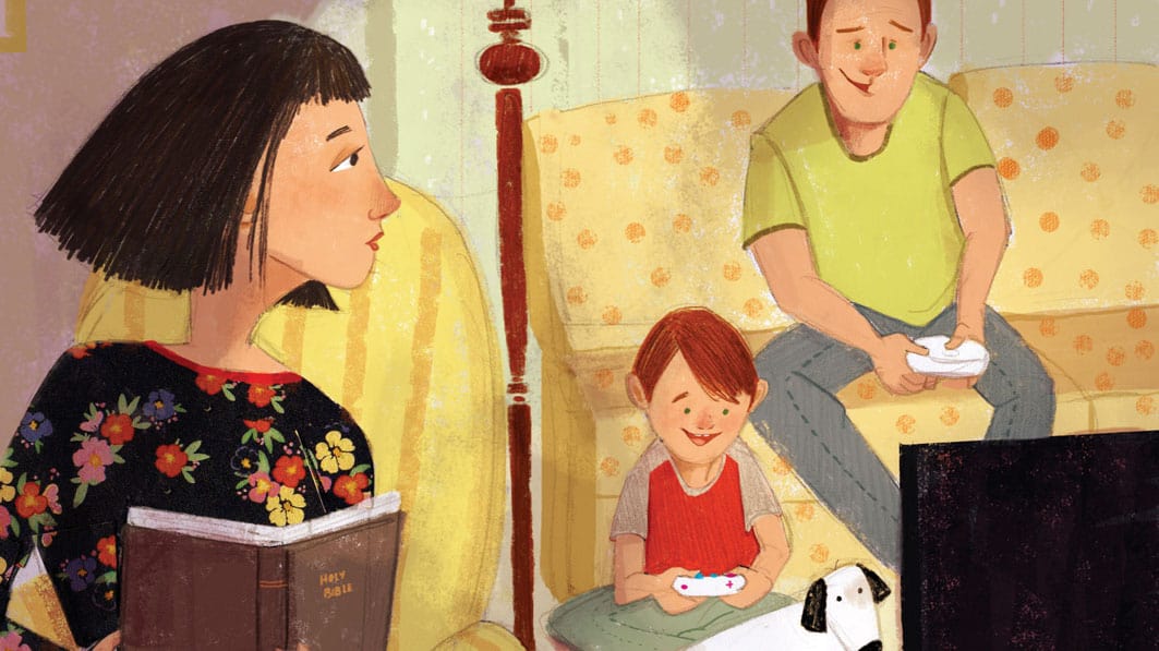 Illustration of mom holding a bible and looking on in dismay as her husband and young son play video games