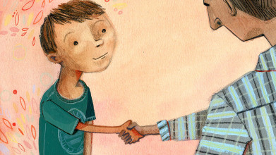 Illustration of a boy shaking hands with an adult