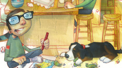 Illustration of boy sitting on the floor coloring. His dog is lying next to him and mom is baking in the kitchen.