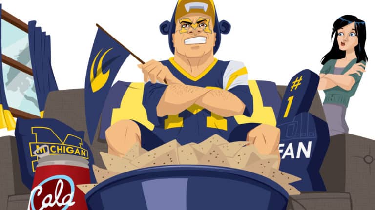 Illustration of contemplative wife watching her husband be an avid TV football fan