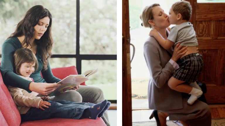 Two photos side-by-side, one of a mom reading to her daughter, the other a mom saying bye to her boy as she leaves for work