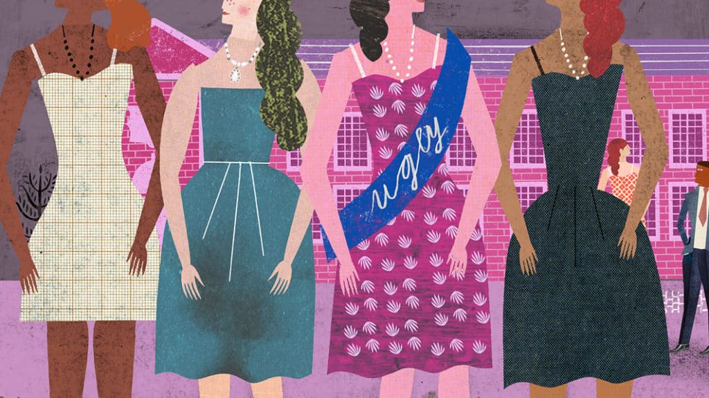 Illustration of four teen girls dresed for prom. One is identified by a sash that says ugly. School building in background.