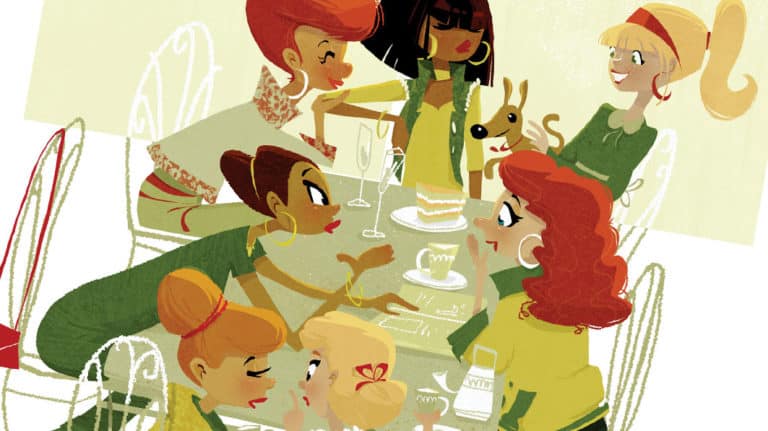 A group of seven women engaging each other in multiple conversations