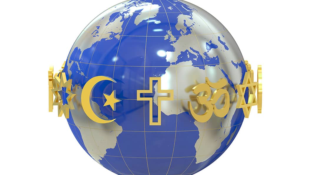 Illustration of a globe with symbols of the world's major religions encircling it