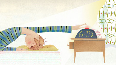 Illustration of a teen hitting the snooze button