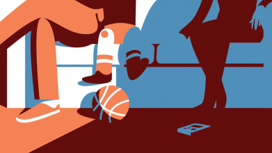 Illustration of a family sitting on a sofa, with the mother sitting in a shadow, isolated on the end, while child sits closely to father