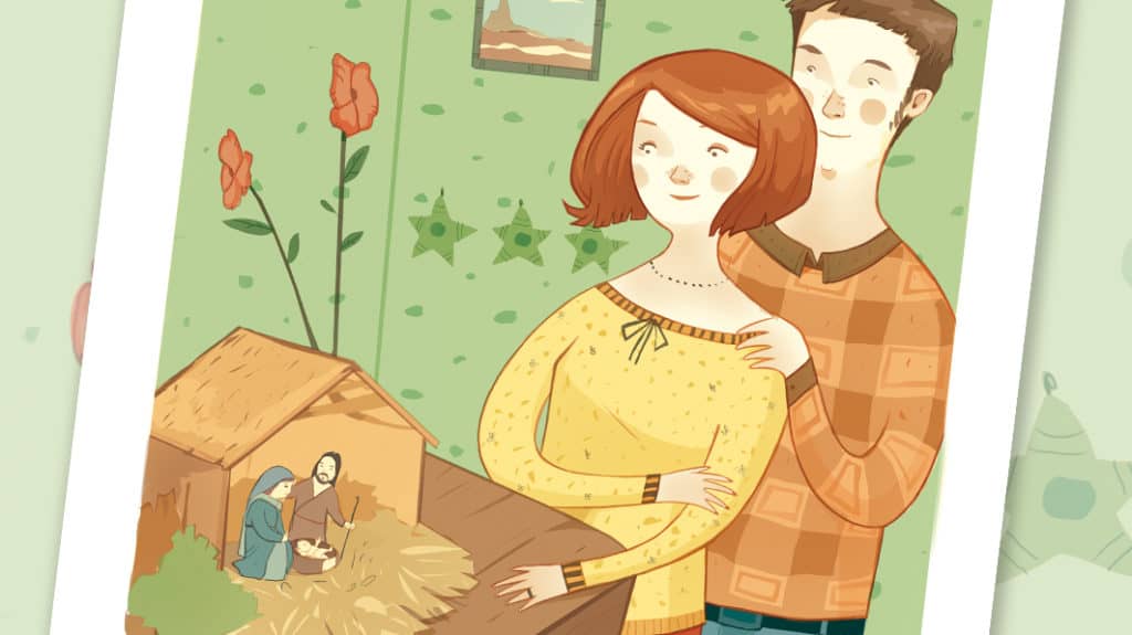 Illustration of a husband and wife admiring a nativity scene on a table