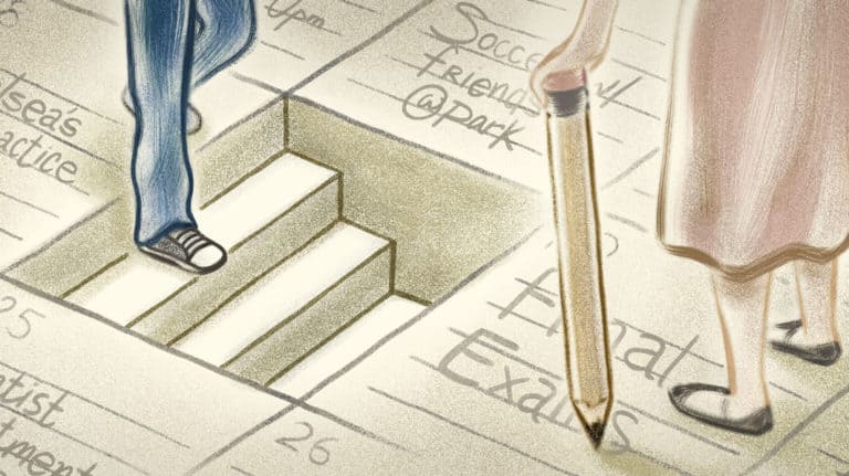 Illustration of calendar and a stairway departing from it representing change