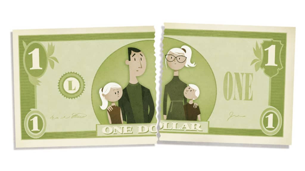 Illustration of torn dollar bill with broken family torn in the middle