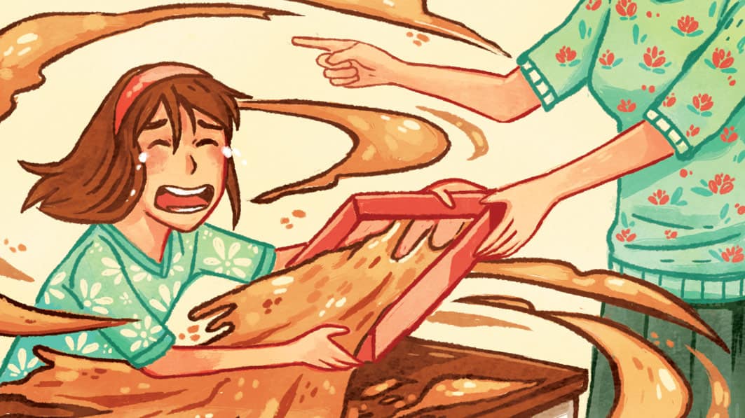 Illustration of a panicked girl who is upset over a sand tray being taken away by her teacher