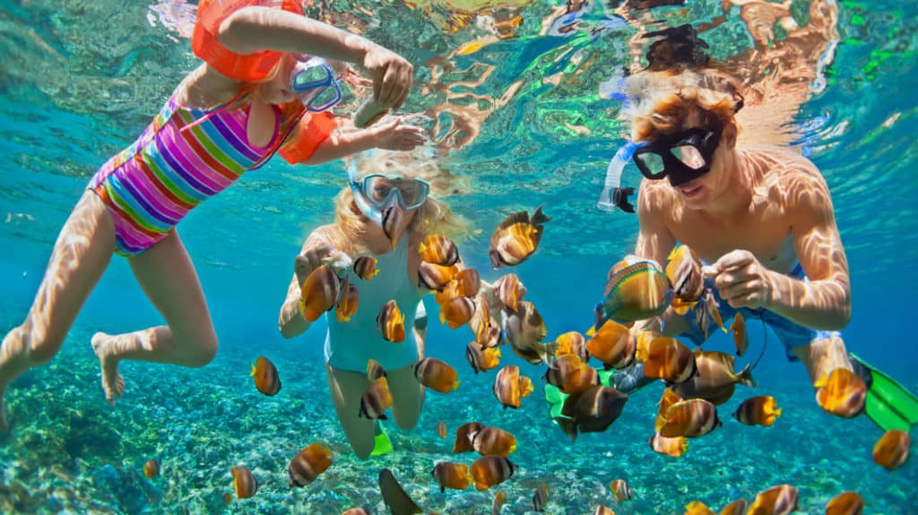 Underwater photo. Happy family snorkelling in tropical sea