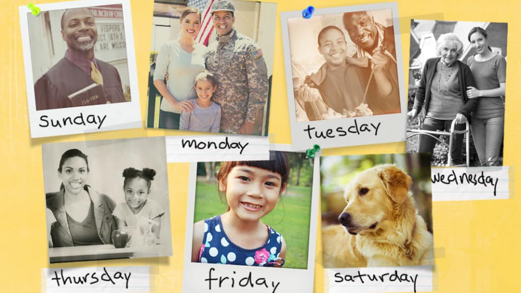 Photos with days of the week underneath serve as reminders to pray for specific people and needs