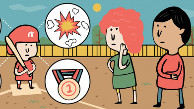 Illustration of child baseball player with multiple thought bubbles standing at home plate while his mom and dad watch