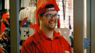 Trevor Hendershot greeting fans outside the Los Angeles Angels team store