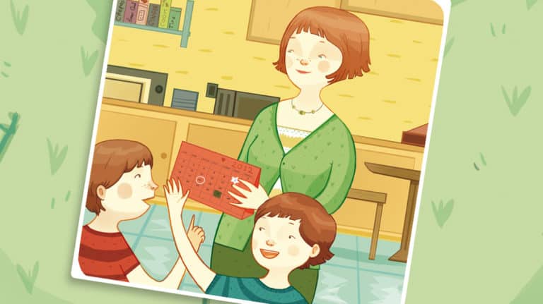Illustration of a mother with her two children looking at a calendar with three days marked as special
