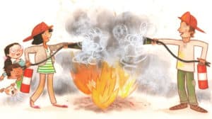 Illustration of a mom and dad putting out a fire