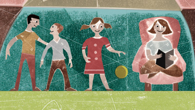 Illustration of a mom reading while her kids play with dad