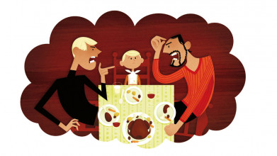 Illustration of two men arguing at the Thanksgiving table while a dismayed boy watches them