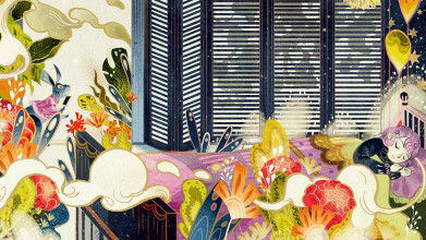 Illustration of young girl sleeping in a bed while surrounded by colorful artwork