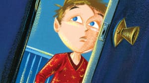 Illustration of pensive boy looking through an open door