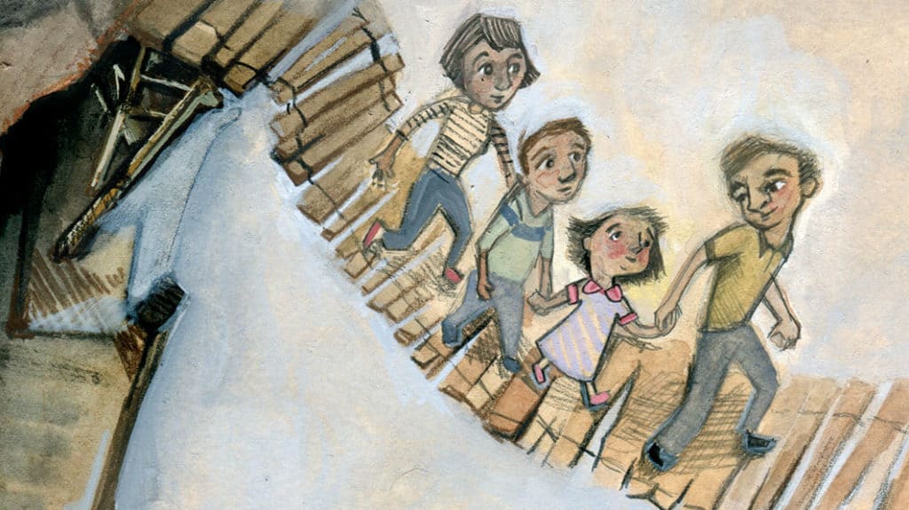 Illustration of family walking across wobbly wooden bridge