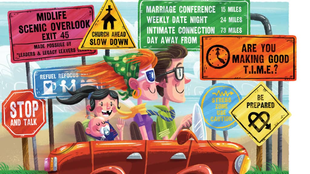 Cartoonish illustration of happy family driving by various signs giving marriage and life direction