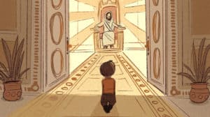 Illustration of a young boy kneeling at the open entrance to a room where Jesus is sitting on a throne.