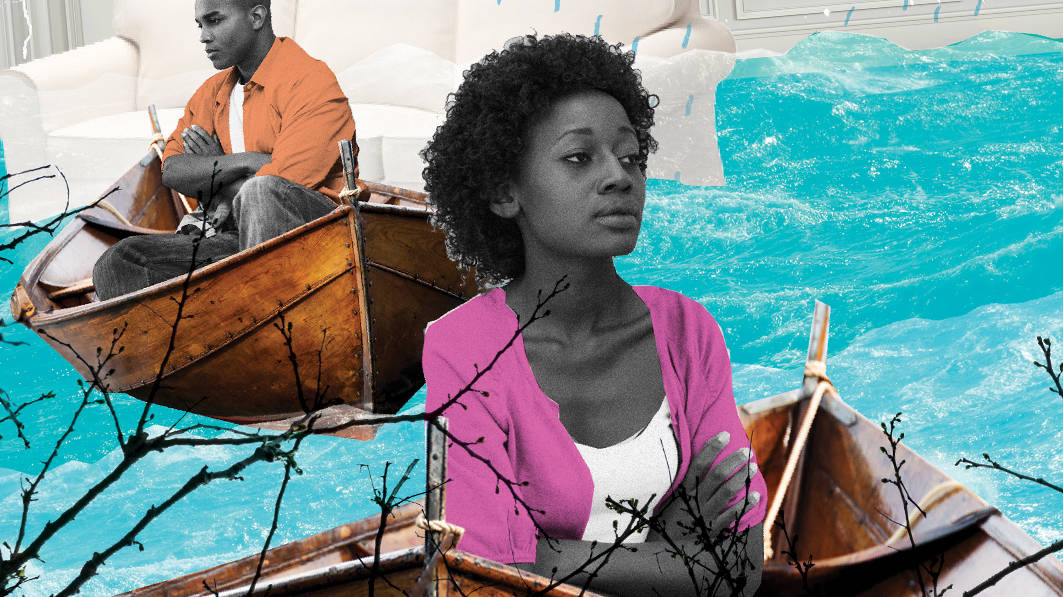 Photo illustration of a troubled-looking husband and wife adrift in separate row boats, symbolizing relationship problems.