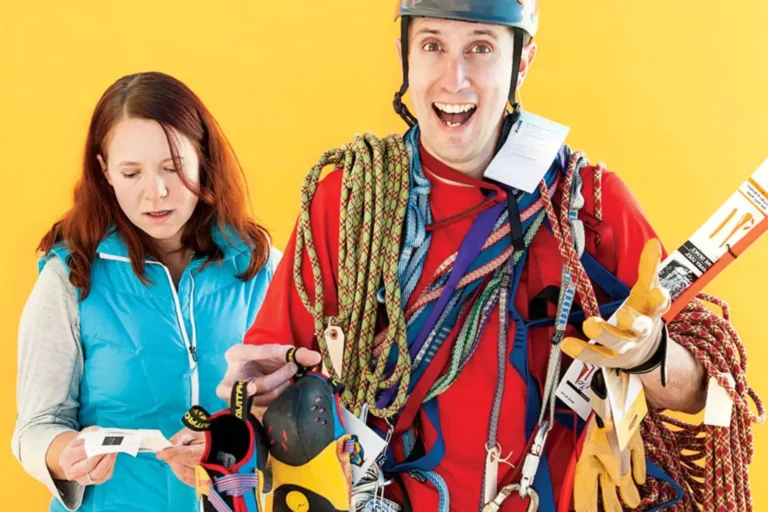 Happy man showing off newly purchased stuff while upset wife looks at the receipt