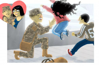 An animated depiction of a joyful military homecoming, showing a soldier reuniting with his children, symbolizing love and resilience.