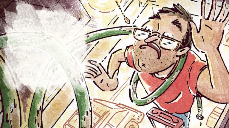 Illustration of man standing on a ladder in his garage, struggling with a water hose wrapped around his neck