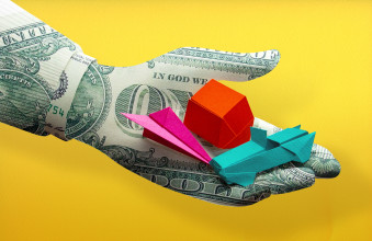 3D paper illustration of money hand offers financial help for car, mortgage and travel, symbolised by origami car, house and plane.