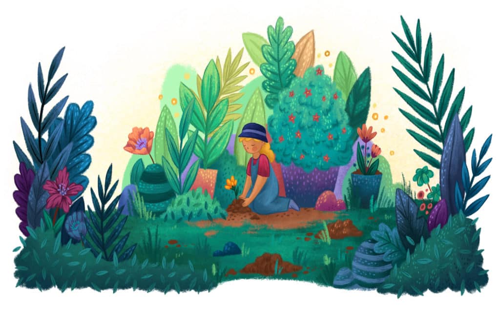 illustration of grateful woman planting flower