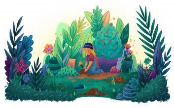 illustration of grateful woman planting flower