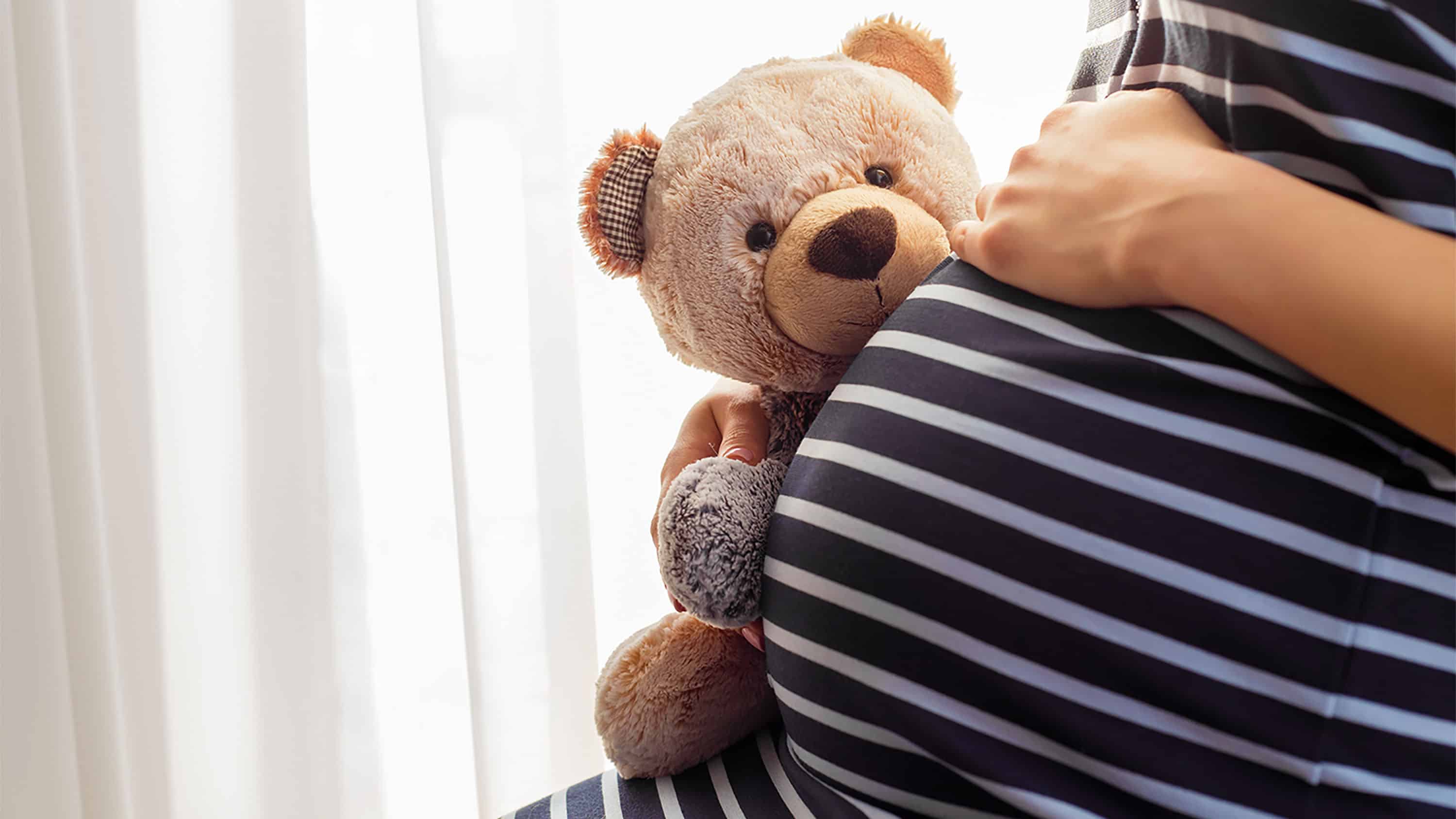 Pregnant woman sitting and holding teddy bear toy