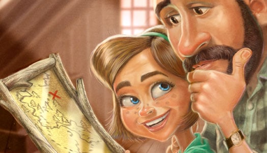 Two Adventures in Odyssey characters look at a treasure map