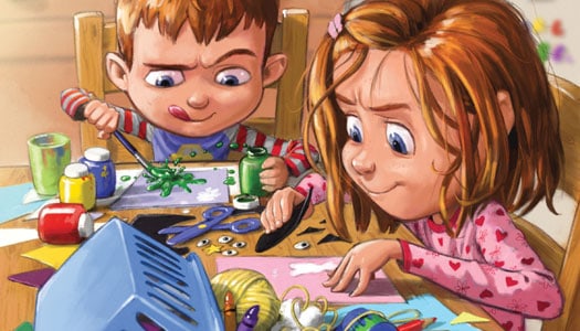 Illustration of kids making a mess as they create art at kitchen table