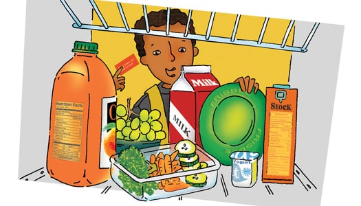 Illustration of boy finding a Frisbee in the refrigerator