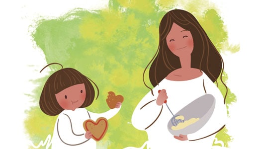 Illustration of mom and young daughter baking cookies