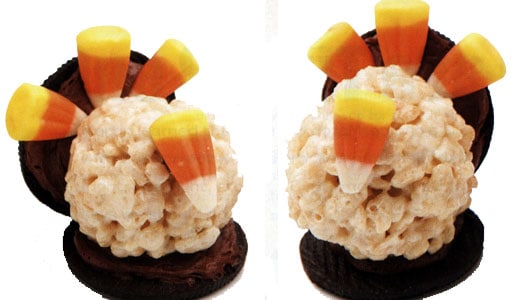Close up of a Thanksgiving-themed dessert of two turkeys creatively made out of cookie and candy sweets