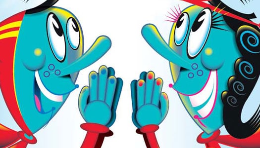 Illustration of two blue characters' faces smiling and looking upward with their hands in a praying position