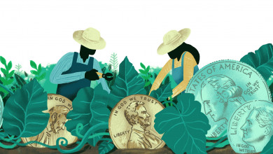 An illustration of a couple tanding to their garden filled with lush foilage and coins.