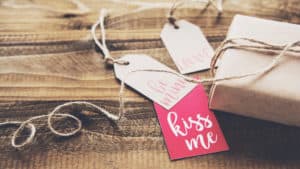 Colorful tags decorate a Valentine's Day gift.