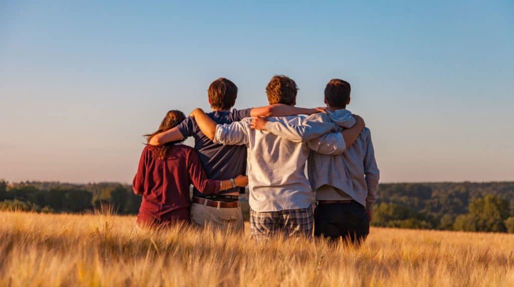 Shown from behind, four young people standing in a wheat field with their arms around each other's shoulders