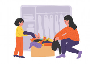 Illustration of mom and daughter putting stuff in a box, decluttering their home