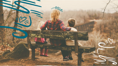 Stylized image of mom sitting outside on a bench with her two kids